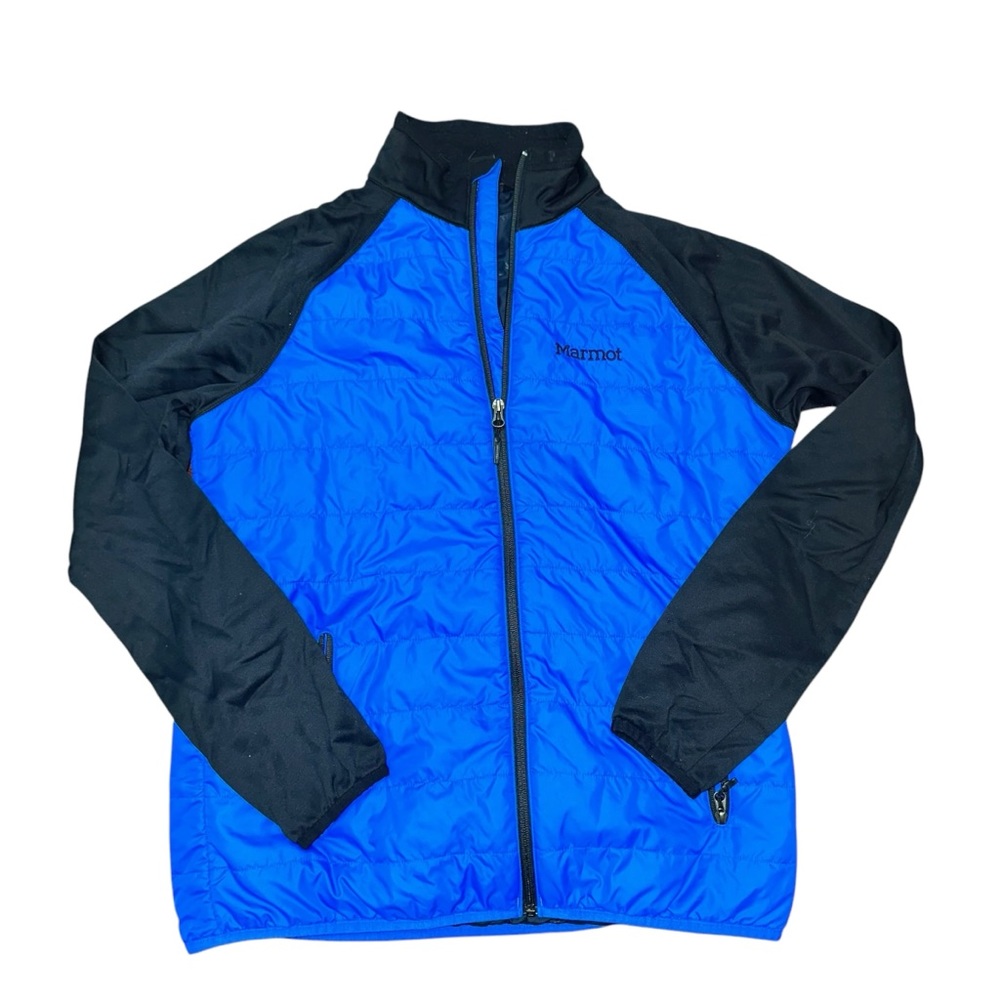 Marmot Jacket Blue Black Puffer Variant Quilted Outdoors Coat Fleece